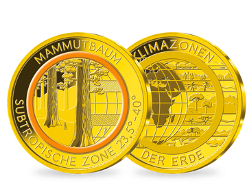 Die Gold-Gedenkprägung „Mammutbaum – subtropische Zone“ mit orangefarbenem Farbring